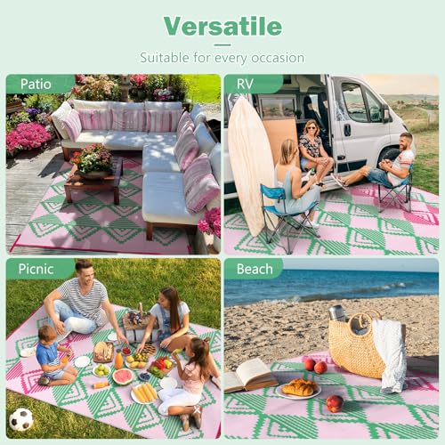 Lahome Waterproof Outdoor Rug 8x10, Reversible Outdoor Plastic Straw Rug for Patios, Outside RV Mat Carpet for Deck Porch Backyard Balcony Picnic Trailer (Pink/Green, 8' x 10')
