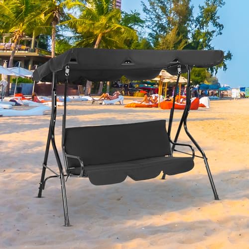 Patio Swing Sturdy Outdoor Swing Chair Stable Porch Swing Easy Setup Patio Swing with Canopy Adjustable Tilt Armrests Steel Frame for Patio Outdoor Porch Backyard, Black