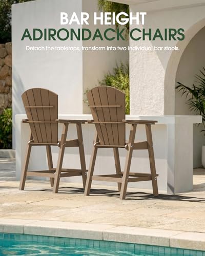 SUUNYN Tall Adirondack Chairs Set of 2, HDPE High Adirondack Chairs with Double Removable Trays, All Weather Outdoor Barstools for Patio, Balcony, Backyard, Deck and Garden, Teak