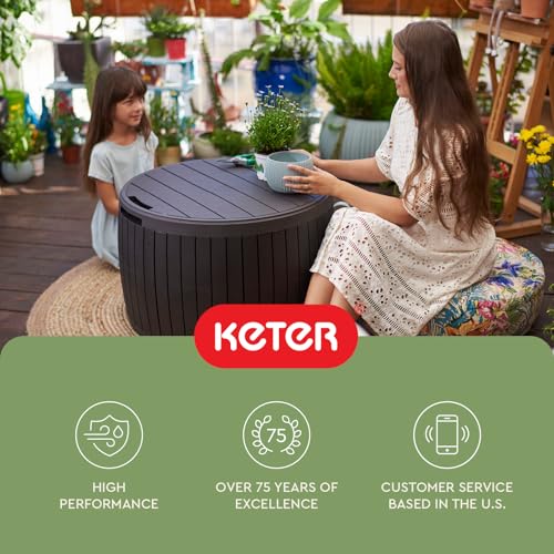 Keter Circa 37 Gallon Deck Box Organizer, Works as Ottoman Chair or Side Table, Brown – Large Resin Round Outdoor Storage and Seating for Garden, Pool, and Patio