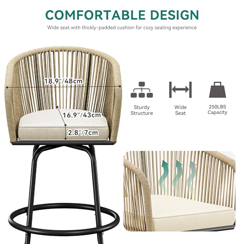 YITAHOME Counter Height Bar Stools Set of 2, Outdoor Bar Stools with Soft Cushions, Patio Rattan Swivel Bar Chairs for Backyard Poolside, Garden w /360 Rotation (Beige)