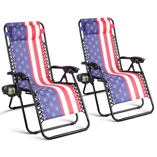 Northroad Set of 2 Zero Gravity Lounge Chairs Adjustable Steel Mesh Relaxing Recliners Outdoor Folding Patio Lawn Chair w/Pillows & Cup Holder Trays - American Flag
