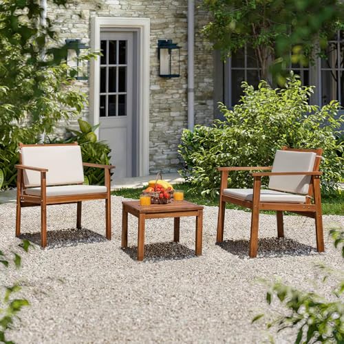 Devoko Patio Set 3 Piece Acacia Wood Outdoor Furniture Conversation Seat with Table & Cushions Porch Chairs for Balcony, Deck, Backyard, Beige