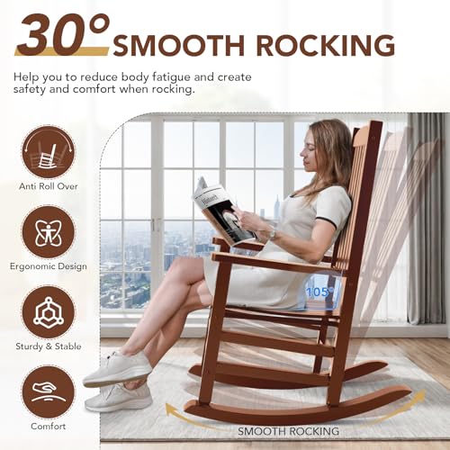 Besunbar Wooden Outdoor Rocking Chair, Oversized Patio Rocking Chair w/400lbs Support & High Backrest | Porch, Lawn, Garden, Backyard，Natural
