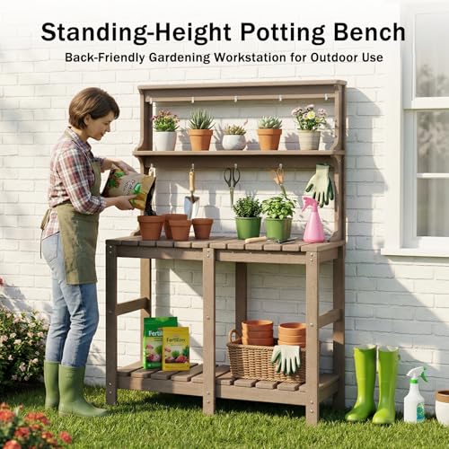 Polyhouz Outdoor Potting Bench with 3 Tier, All-Weather Patio Potting Table with Tool Hooks, HDPE Gardening Table for Backyard, Garden, Brown