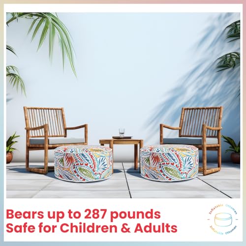 Juexica 2 Pack Inflatable Outdoor Ottoman Pouf Waterproof Round Footrest with Handle D21 x H9 Inch Indoor Outdoor Portable Footstool Pouf for Patio Garden Camping or Home Pool(Boho)