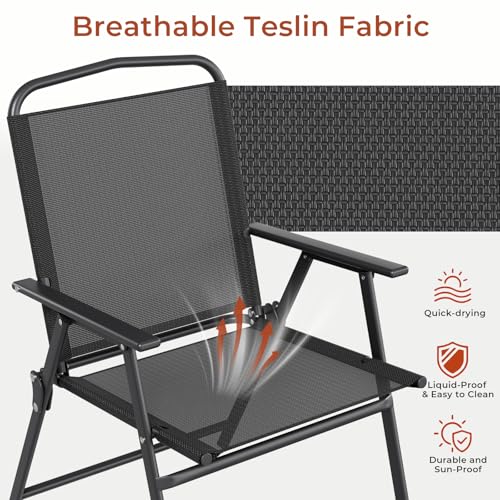 TLSUNNY 7 Piece Patio Dining Set for 6, Outdoor Table and Chairs W/1.69" Umbrella Hole & Metal Frame, 30"X 55" Rectangular Glass Table and Patio Textilene Folding Chair W/Armrests, for Deck (Black)