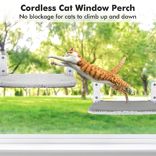 AMOSIJOY Cordless Cat Window Perch, Cat Hammock for Wall with 4 Suction Cups, Solid Metal Frame and Reversible Cover, Foldable Cat Beds for Indoor Cats