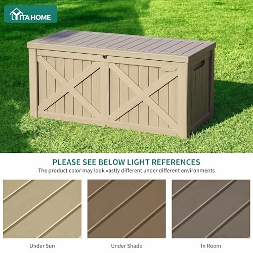 YITAHOME 150 Gallon Large Deck Box with X-Shaped Front, Resin Outdoor Storage Boxes, Waterproof Cushion Storage Bench for Patio, Pool Supplies, Garden Tools - Lockable, Taupe
