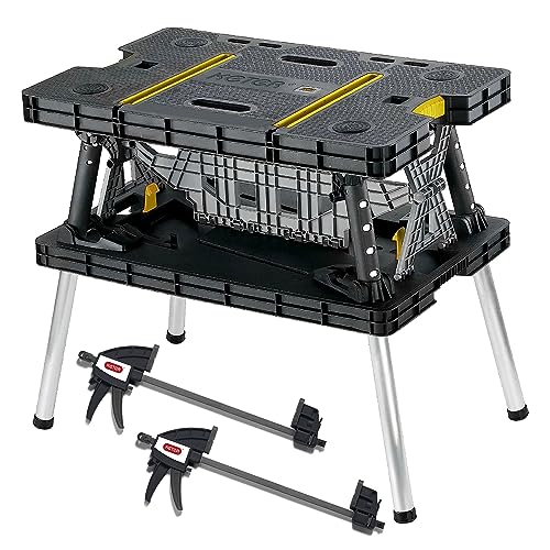 Keter Heavy-Duty Folding Workbench with 1,000 Pound Capacity - Foldable Work Table for Garage, Woodworking, and Outdoor Workshop with 12 Inch Adjustable Clamps