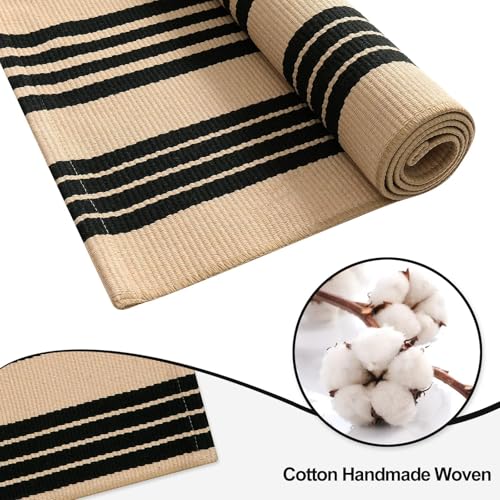 OJIA Outdoor Rug 3'x5', Black and Tan Area Rug Machine Washable Rugs Cotton Hand Woven Entry Rug Indoor Outdoor Striped Carpet for Front Porch/Deck/Backyard/Camping/Outdoor Decor