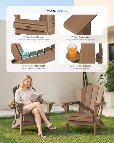 Ciokea Folding Adirondack Chair Wood Texture, Patio Adirondack Chair Weather Resistant, Plastic Fire Pit Chair with Cup Holder, Lawn Chair for Outdoor Porch Garden Backyard Deck (Teak)
