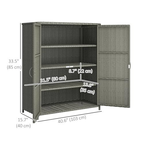 Outsunny Wicker Outdoor Storage Cabinet with Shelves, 4-Shelf Outdoor Pool Towel Cabinet with Two Doors, Rattan Patio Storage Shelves for Garden, Backyard, Porch, Dark Gray