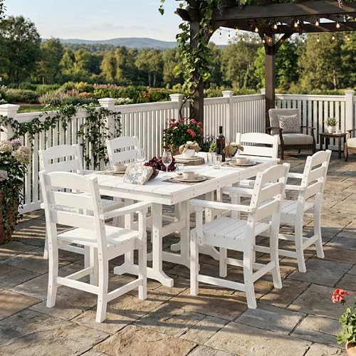 HOPUBUY 7 Pieces Patio Dining Set for 6, 71" HDPE All-Weather Patio Table and Chairs Set with Umbrella Hole, Durable Outdoor Furniture Set for Garden, Backyard, Lawn & Poolside (White)