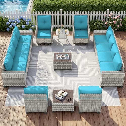 Muphyers 15-Piece Outdoor Patio Furniture Set with Rocking Swivel Chair Wicker Sectional Sofa Set, Patio Conversation Set with Thickened Cushions & Coffee Table for Garden, Backyard, Turquoise