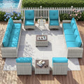 Muphyers 15-Piece Outdoor Patio Furniture Set with Rocking Swivel Chair Wicker Sectional Sofa Set, Patio Conversation Set with Thickened Cushions & Coffee Table for Garden, Backyard, Turquoise