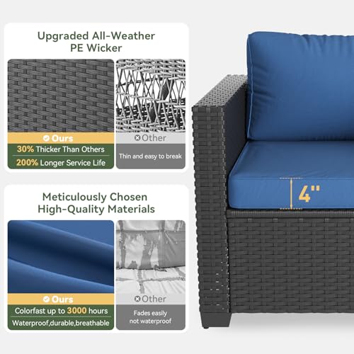 Aoxun Patio Furniture Set with Fire Pit Table, 6 Piece Outdoor Furniture Set with Wicker Ottomans, Rattan Outdoor Sectional Sofa with Thickened Cushion & Waterproof Cover Navy Blue