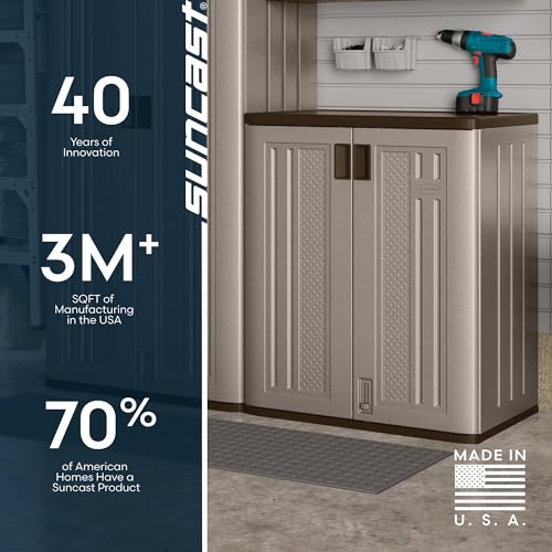 Suncast Base Storage Cabinet for Garage Organization - 9 Cu. Ft. Lockable 2-Shelf Organizer for Garden Supplies, Paint Cans & Outdoor Tools, Multi-Wall Resin Construction, Platinum