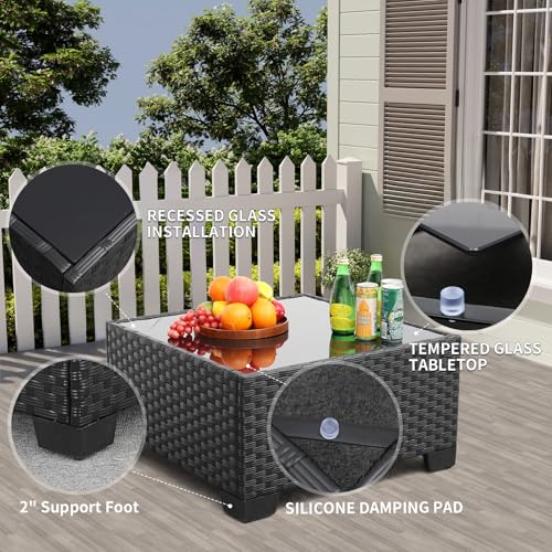 Rattaner 9 Pieces Outdoor Sectional All-Weather Wicker Patio Furniture Set Patio Sectional and Glass Patio Table Non-Slip Cushions and Waterproof Covers, Navy Blue