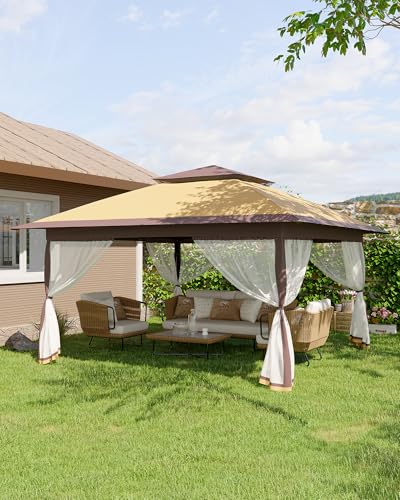 Canopy Tent 13x13 ft, Pop Up Gazebo One-Push Setup with 4 SandBags for Backyard Parties and BBQs, Mosquito Netting & Height Adjustable - Khaki & Coffee