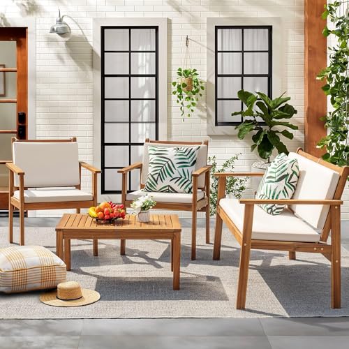 Flamaker Patio Furniture 4 Piece Outdoor Acacia Wood Patio Conversation Sofa Set with Table & Cushions Porch Furniture for Deck, Balcony, Backyard