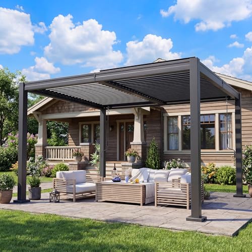 BETISEF 10x12 FT Outdoor Louvered Pergola, Hardtop Gazebo with 2 Independent Adjustable Roofs and Drainage System, Metal Patio Pavilion for Deck, Garden, Dark Gray