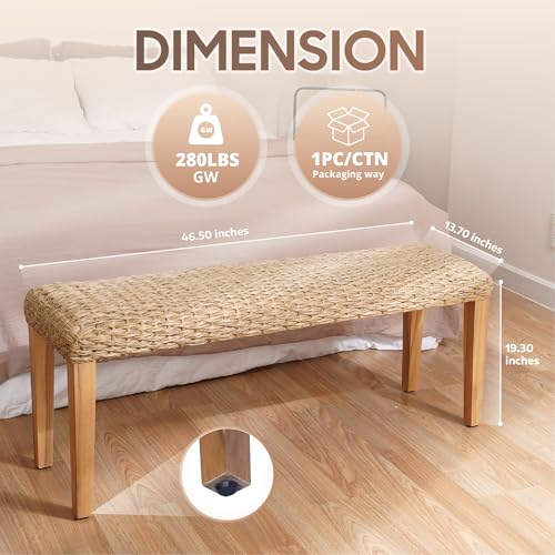 Outdoor Backless Bench, All-Weather Wicker & Solid Acacia Wood, Premium Garden Bench with Woven Rattan Seat and Thick Outdoor Cushion for Patio, Porch, Living Room or Entryway (Natural, PE Wicker).