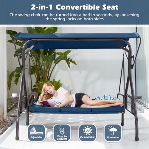 ZZW 800LBS Patio Swing with Canopy 3 Seat Outdoor Porch Swing with Stand w/Cup Holder & Pillow Glider Chair Swing Bed for Patio Backyard Poolside (Blue)