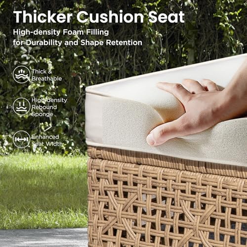 PHI VILLA Sectional Outdoor Couch, Small Patio Furniture Set with Cushions and Acacia Wood Coffee Table, L-Shaped Wicker Outdoor Sofa for Deck or Porch, 4 Seats, Beige
