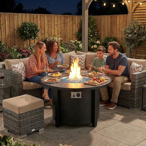 TLGREEN Propane Fire Pit Table 42 Inch Round – 50,000 BTU Outdoor Fire Pit with Lid, Converts to Patio Coffee Table, Certified, Includes Waterproof Cover & Blue Fire Glass(Grey)