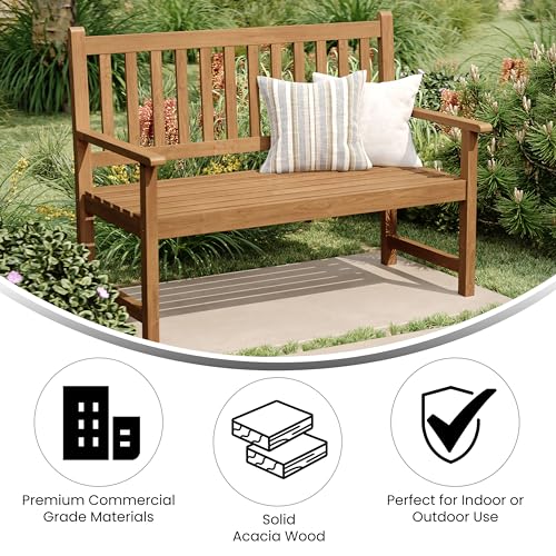 Flash Furniture Adele Commercial Indoor/Outdoor Acacia Wood Bench, 2-Person Slatted Patio Loveseat, for Use in Yard, Garden, Porch, or Park, Brown