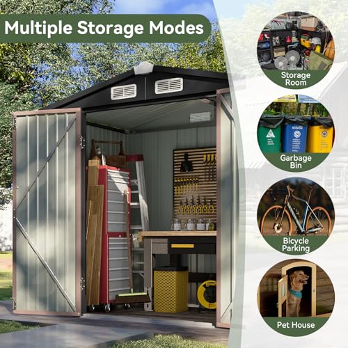 Aoxun 6.2x4 FT Shed Outdoor Storage Shed with Lockable Doors & Slooping Roof Metal Garden Tool Shed for Backyard, Patio, Poolside (Brown)