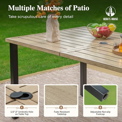 HERA'S HOUSE Patio Table and Chairs for 6, 7 Pieces Outdoor Deck Dining Sets, Wood-Like Rectangular Metal Table Set with Chairs for Lawn Garden Backyard, Brown