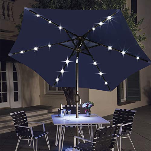 Blissun 7.5 ft Solar Umbrella, 18 LED Lighted Patio Umbrella, Table Market Umbrella, Navy Blue