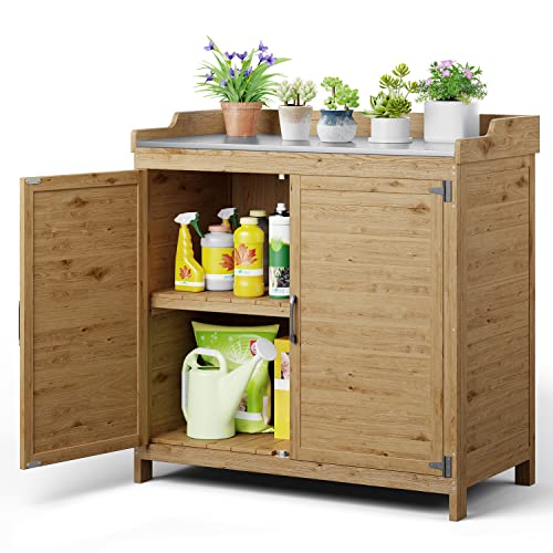 Gizoon Outdoor Potting Bench with Metal Tabletop, Outdoor Garden Patio Wooden Storage Cabinet with Adjustable Shelf, Double Doors Garden Work Bench for Backyard, Patio, Lawn - Natural