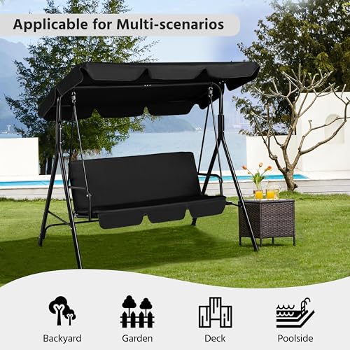 Yaheetech 3-Seat Patio Swing Chair, Outdoor Canopy Porch with Adjustable Canopy & Removable Cushion, Hanging Glider Lounge Chair for Patio, Garden, Yard, Porch - Black