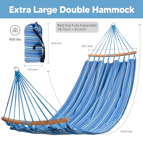 SUNCREAT Hammocks Double Hammock with Curved Spreader Bar, Outdoor Portable Hammock with Carrying Bag & Tree Straps for Bedroom, Patio, Backyard, Balcony, Max 450lbs Capacity, Blue