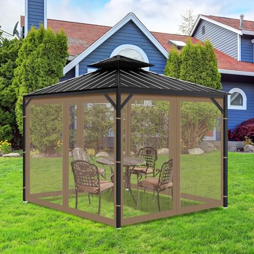 OIPUNSHLE Gazebo Universal Replacement Mosquito Netting, 10'x10' Gazebo Netting Outdoor, 4-Panel Screen Walls for Outdoor Patio with Zipper (Mosquito Net Only) (Brown)
