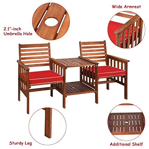 Tangkula Acacia Wood Loveseat, 3pcs Outdoor Table Chairs Set, Patio Conversation Set w/Coffee Table and Soft Cushions, 2.1-inch Umbrella Hole, 2-Seater Furniture Set (Red)