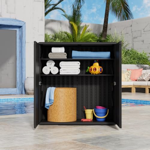 KINYING Outdoor Storage Cabinet Waterproof, Resin 62 Gallon Deck Box for Patio Furniture Cushions, Garden Tools, Pool Tools and Kids’ Toys (Black with 1 Shelving)