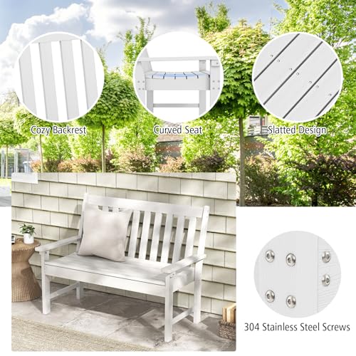 Giantex Outdoor Bench, 52-Inch Outside Bench All-Weather HDPE Park Bench with Backrest and Armrests, 705 lbs Weight Capacity, 2-Person Slatted Patio Bench for Porch, Yard, Lawn, Garden Bench (White)