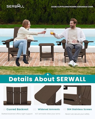 SERWALL Modern Adirondack Chairs Set of 2, Folding Adirondack Chair with Cup Holders, Outdoor HDPE Adirondack Chair for Patio Lawn Garden, Coffee