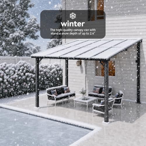 10 x 12 FT Patio Pergola, Heavy Duty Outdoor Metal Lean-to Gazebo, Hardtop Galvanized Steel Pergola with Sloped Polycarbonate Roof for Backyard, Deck, Patio, Black (140.5" L x 119" W x 98.4" H)