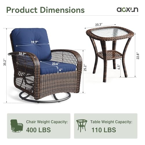 Aoxun 3 Pieces Patio Furniture Set, Patio Swivel Rocker Chairs Set of 2, Wicker Outdoor Bistro Set with Rocking Chair, Thickened Cushions and Table for Porch (Blue)