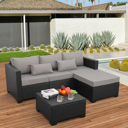 Rattaner 3 Pieces Patio Furniture Set Outdoor Sectional Wicker Patio Furniture Patio Couch with Ottoman and Outdoor Storage Table All-Weather Anti-Slip Cushions Waterproof Covers, Light Grey