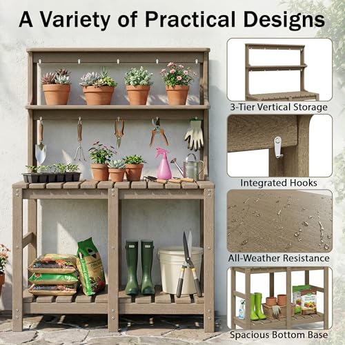 Polyhouz Outdoor Potting Bench with 3 Tier, All-Weather Patio Potting Table with Tool Hooks, HDPE Gardening Table for Backyard, Garden, Brown