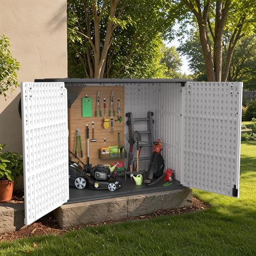 Patiowell 26 Cu.ft Plastic Outdoor Storage Cabinet, Lockable Waterproof Horizotal Storage Shed, Tool Box for Patio, Garden Tools, Garbage Cans, Pool Supplies, Easy Assembly, White(Not Include Shelves)