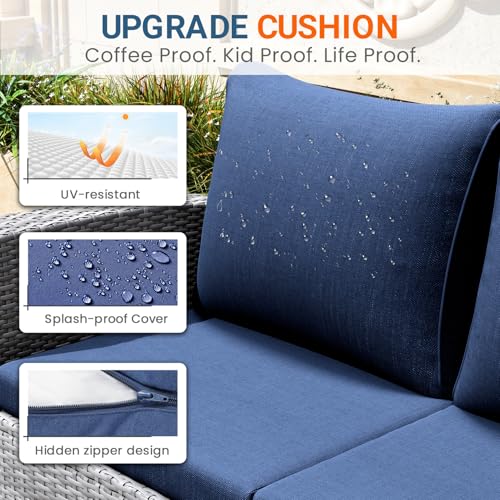 Wisteria Lane Patio Furniture Set, Wicker Outside Outdoor Furniture for All Weather, Patio Sofa with High Backrest Support and Wide Armrest for Backyard, Balcony, Deck, Porch, Dark Blue