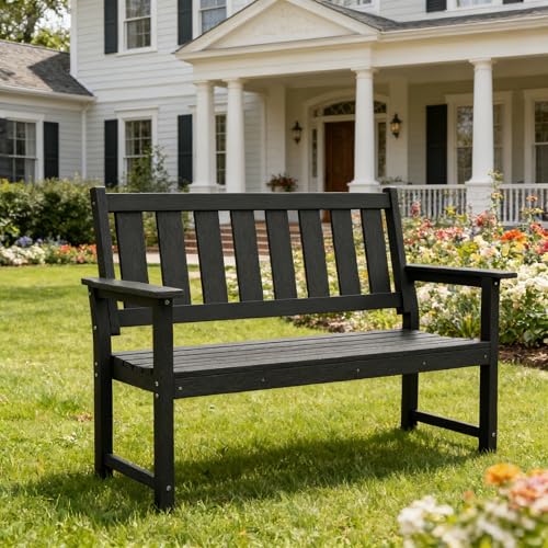 ACUEL 50" Poly Lumber Outdoor Bench, 2-Person HDPE Weatherproof Patio Garden Bench with 800 lbs Weight Capacity, Multi-Purpose Design Ideal for Porch, Backyard, Lawn, Park, Balcony and School (Black)