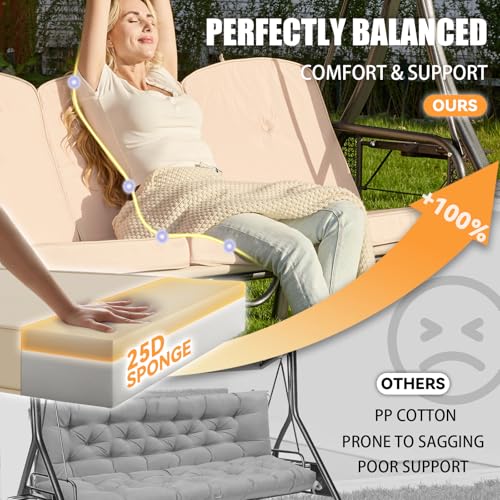 Oungelark Outdoor Porch Swing Cushions 3 Seater with Swing Canopy, Replacement Cushions for Outdoor Swing, Patio Swing Cushion 25D Foam (Khaki)